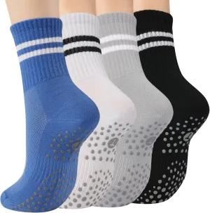 Toes Home Pilates Socks for Women with Non Slip Grippers, Yoga Crew Socks for Barre Hospital Sticky Slipper Socks 4 Pairs