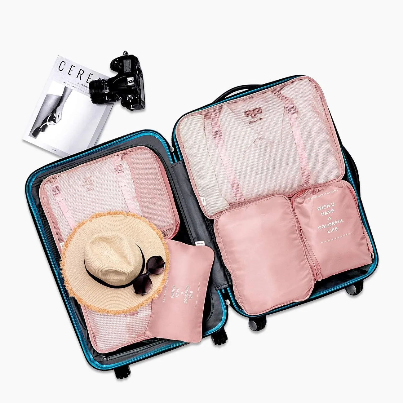 Travel Packing Cubes, VAGREEZ Lightweight Luggage Organizers Bags Set for Carry on Suitcase (6Pcs Pink)