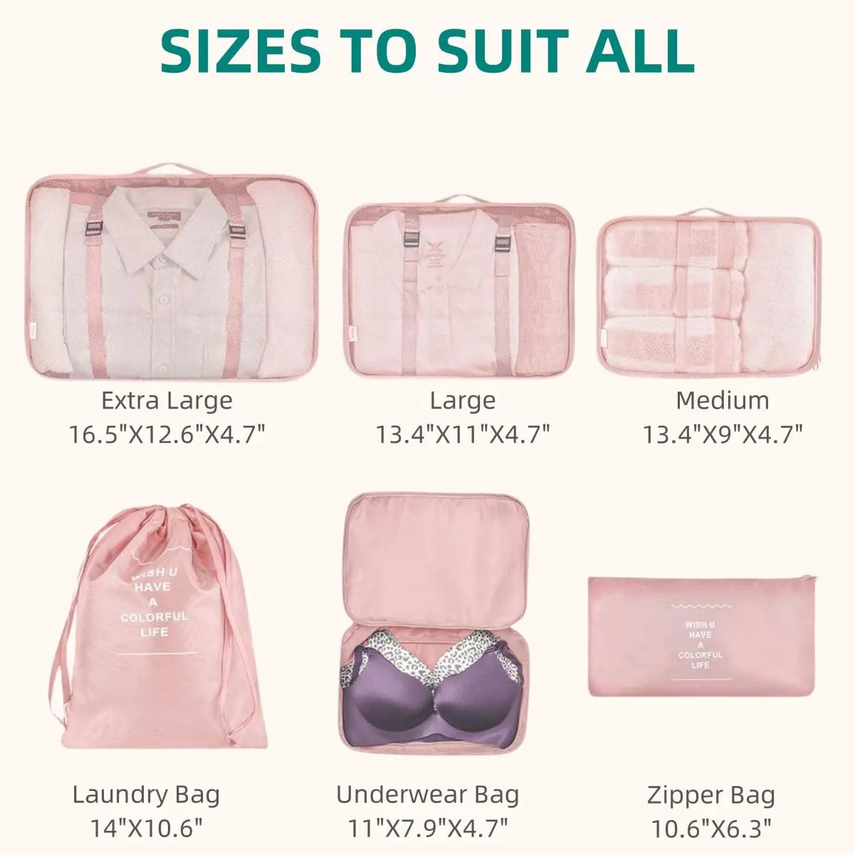Travel Packing Cubes, VAGREEZ Lightweight Luggage Organizers Bags Set for Carry on Suitcase (6Pcs Pink)