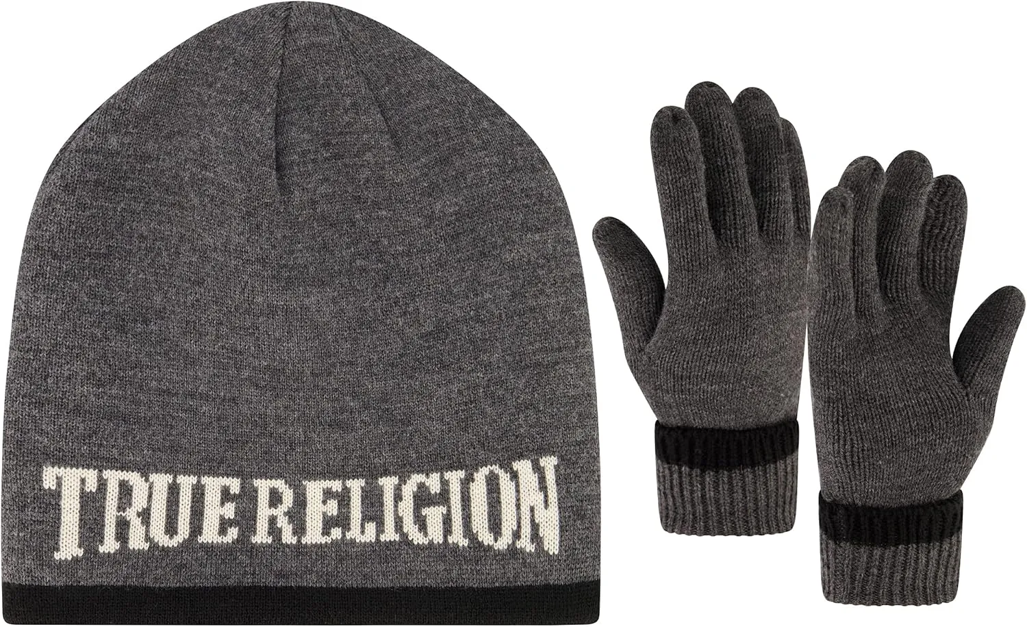 True Religion Beanie Hat and Gloves Set, Faux Sherpa Lined Cuff Winter Knit Cap with Jacquard Logo and Fleece Lined Mittens