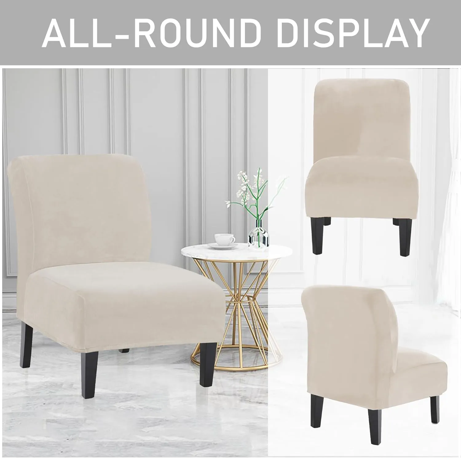 UCCONO Armless Accent Chair Slipcovers, Thick Velvet Slipper Accent Chair Covers Hotel Oversized Big Chairs, Removable Furniture Protector with Elastic Bottom, Machine Washable (Ivory)