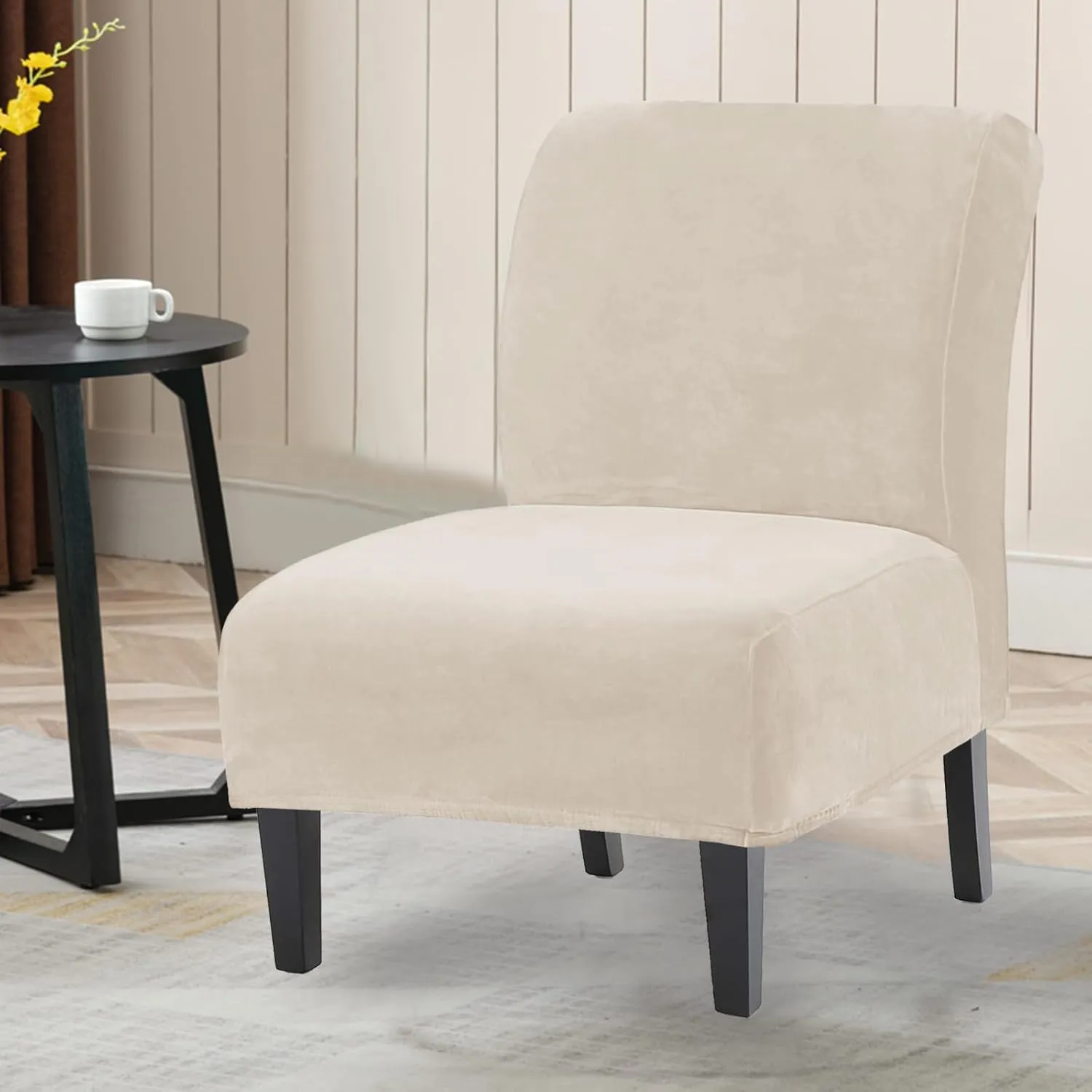 UCCONO Armless Accent Chair Slipcovers, Thick Velvet Slipper Accent Chair Covers Hotel Oversized Big Chairs, Removable Furniture Protector with Elastic Bottom, Machine Washable (Ivory)