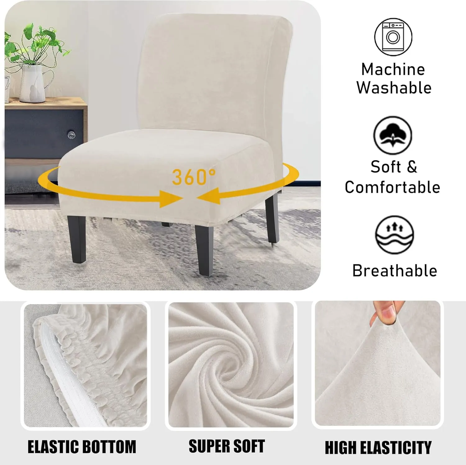 UCCONO Armless Accent Chair Slipcovers, Thick Velvet Slipper Accent Chair Covers Hotel Oversized Big Chairs, Removable Furniture Protector with Elastic Bottom, Machine Washable (Ivory)