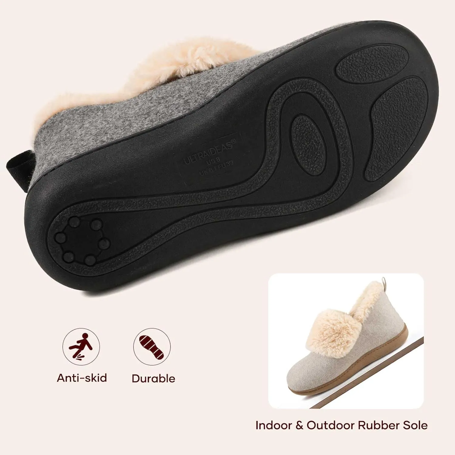 ULTRAIDEAS Women's Warm Slippers with Back, Ladies Slippers for Winter, Cosy Bootie Furry Slipper