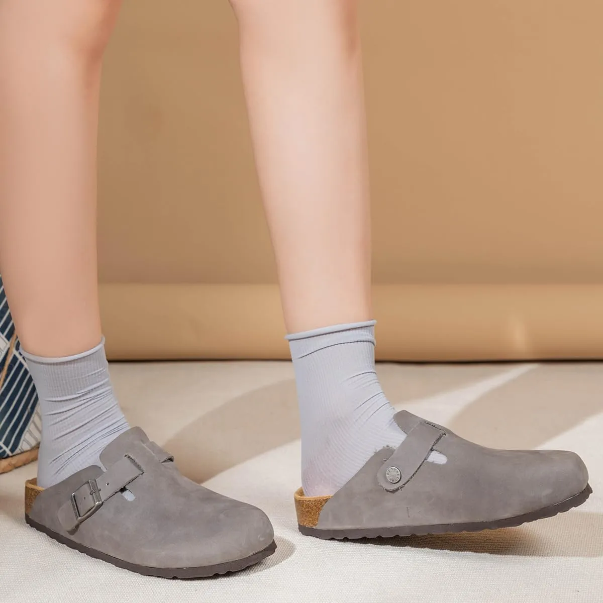 Unisex Cork Clogs Mules,Top Grain Soft Smooth Leather Women/Men Sandal House Slipper,Skin-Friendly and Comfortable Footbed Suede Slippers,Arch Support,Adjustable Buckle