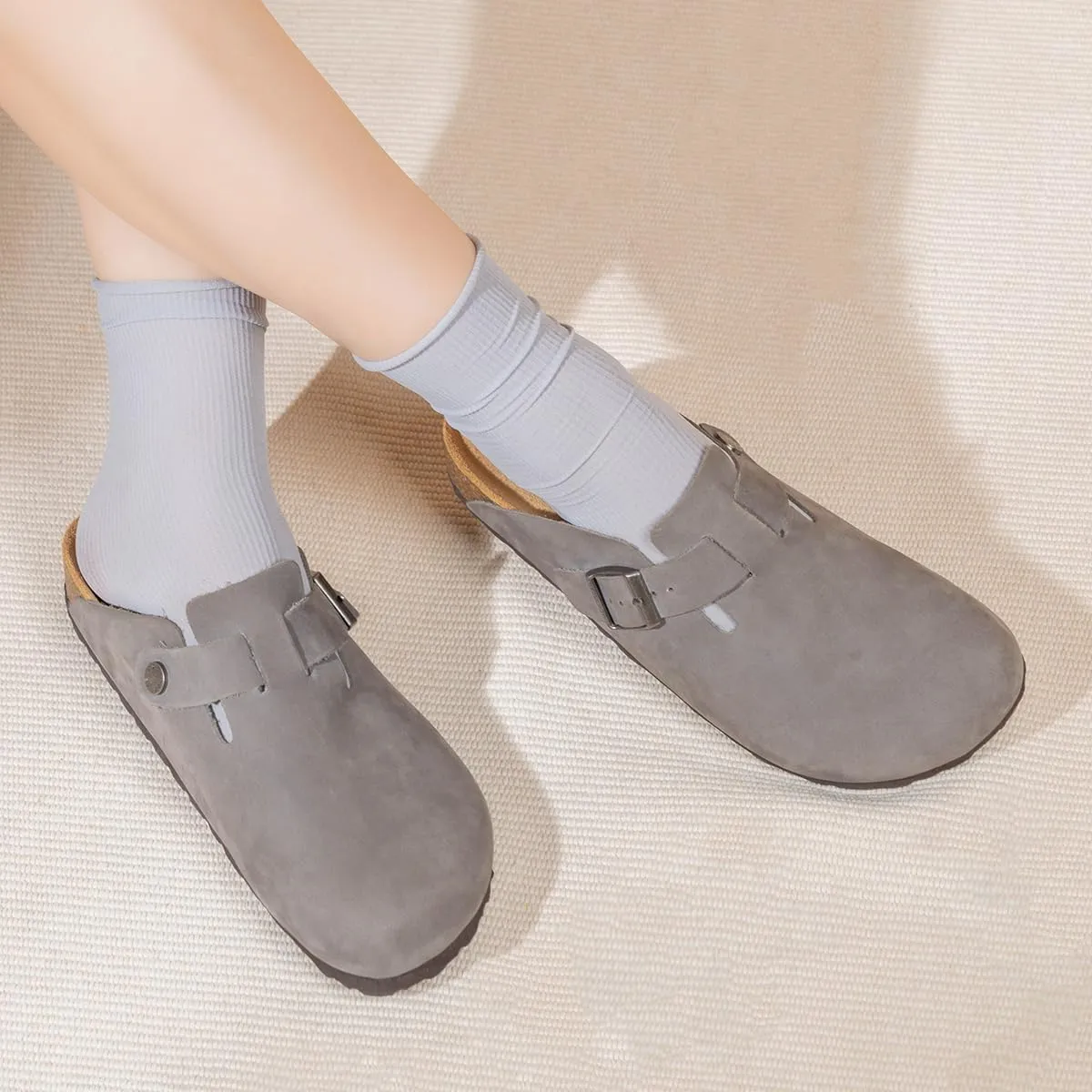 Unisex Cork Clogs Mules,Top Grain Soft Smooth Leather Women/Men Sandal House Slipper,Skin-Friendly and Comfortable Footbed Suede Slippers,Arch Support,Adjustable Buckle