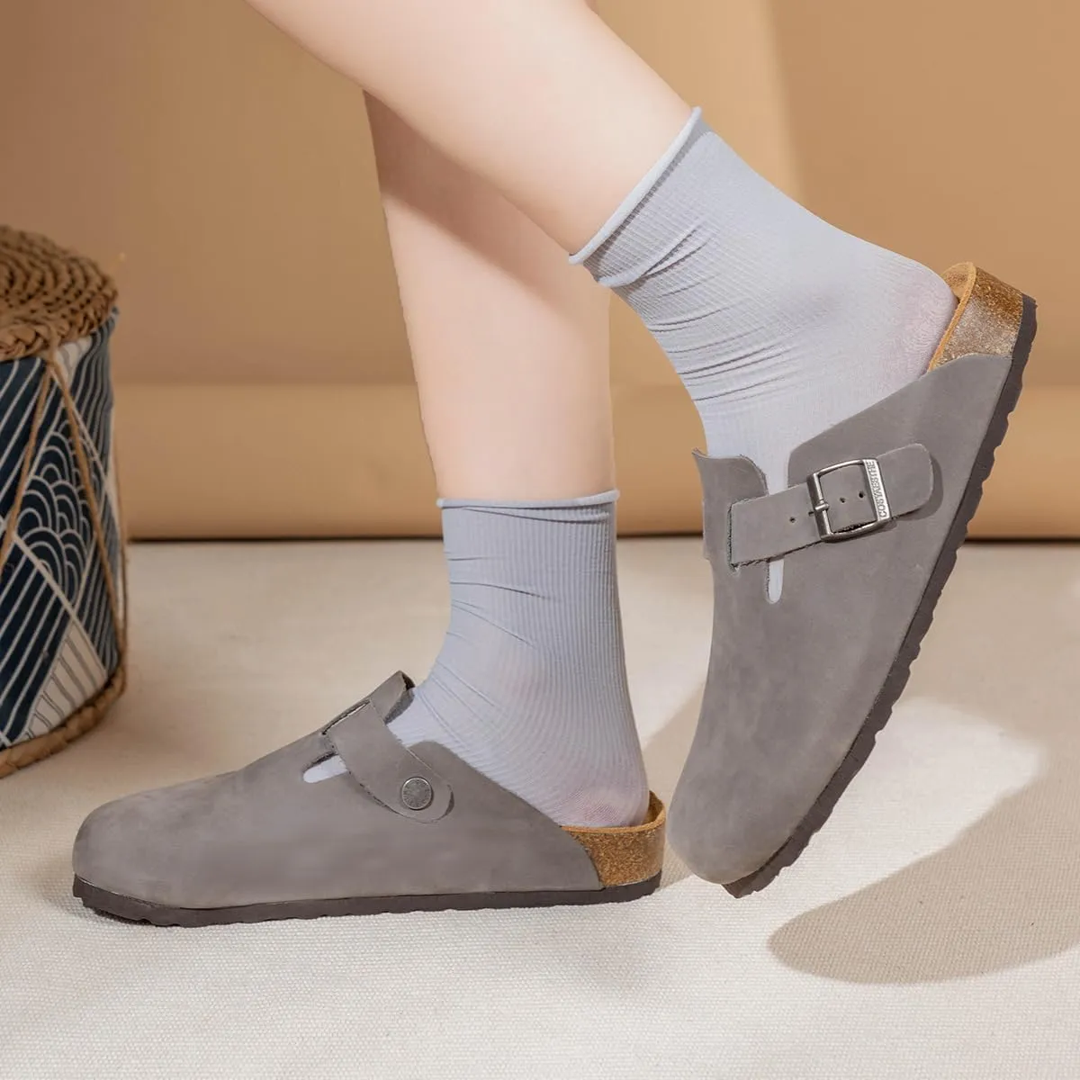 Unisex Cork Clogs Mules,Top Grain Soft Smooth Leather Women/Men Sandal House Slipper,Skin-Friendly and Comfortable Footbed Suede Slippers,Arch Support,Adjustable Buckle