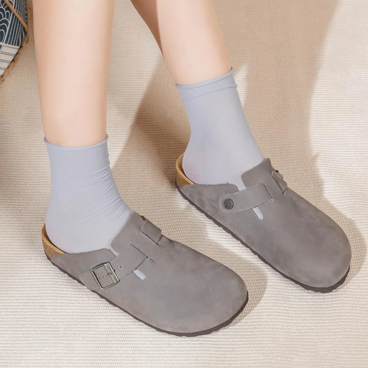 Unisex Cork Clogs Mules,Top Grain Soft Smooth Leather Women/Men Sandal House Slipper,Skin-Friendly and Comfortable Footbed Suede Slippers,Arch Support,Adjustable Buckle