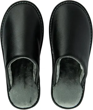 Unisex House Slippers, Genuine Leather Solid Color Minimalist Indoor Slippers, Soft Warm Flannel Lining, Lightweight Comfortable Flexible Anti-Slip Rubber Sole