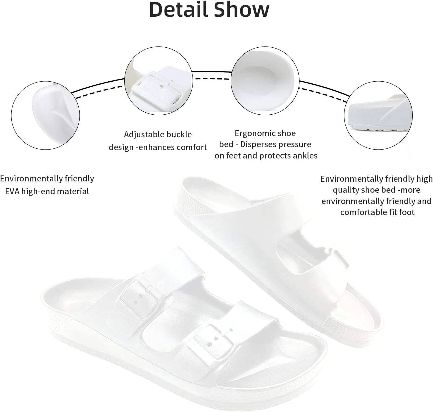 Unisex Men‘s and Women’s Lightweight Flat Sandals Waterproof Comfort Soft Slides Double Buckle Adjustable EVA Slip-on Flat Sandals