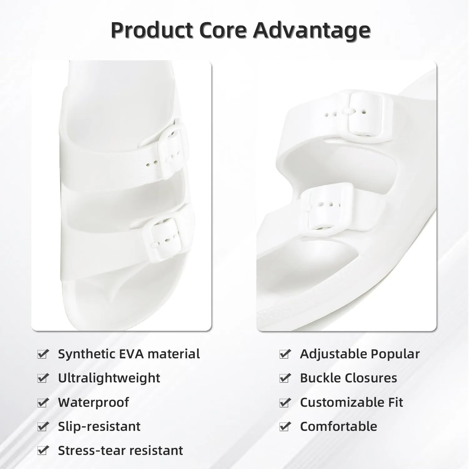 Unisex Men‘s and Women’s Lightweight Flat Sandals Waterproof Comfort Soft Slides Double Buckle Adjustable EVA Slip-on Flat Sandals