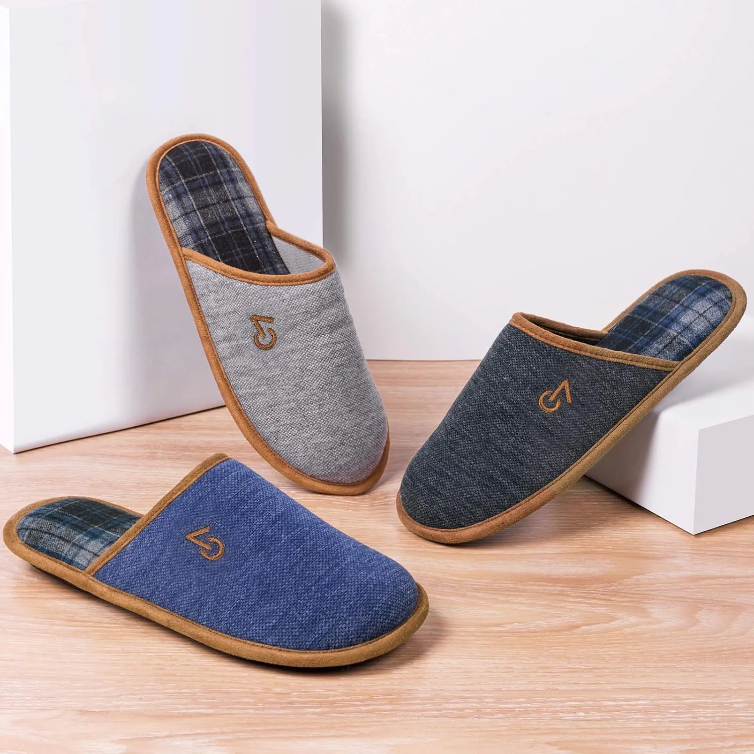 VeraCosy Men's Knitted Scottish Slippers with Soft Memory Foam Non Slip Indoor Rubber Sole
