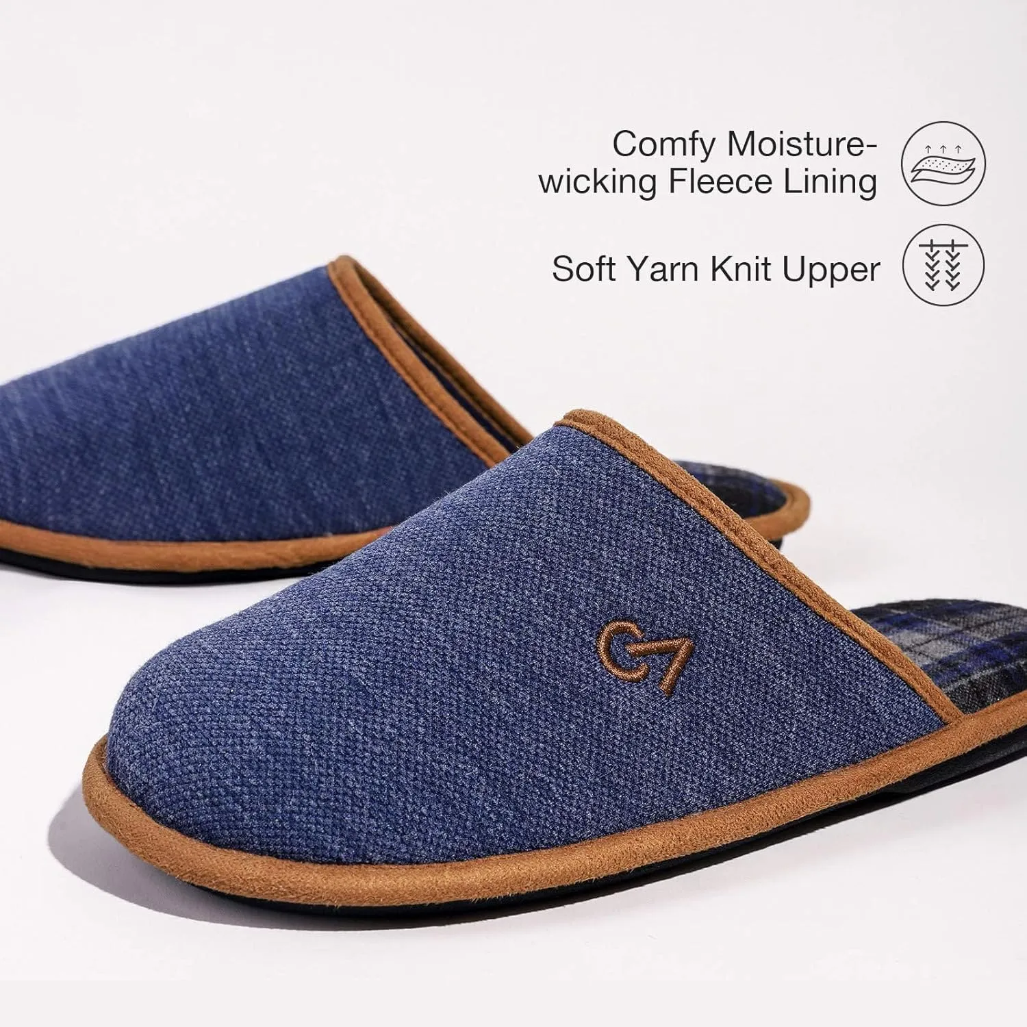 VeraCosy Men's Knitted Scottish Slippers with Soft Memory Foam Non Slip Indoor Rubber Sole