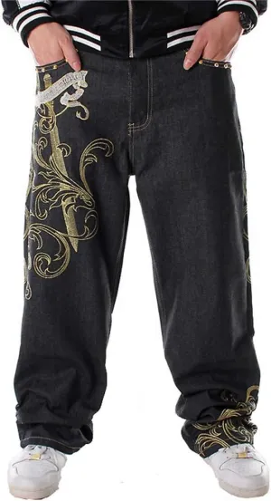Veroders Men's Baggy Hip Hop Black Jeans- Loose Skateboard Pants Straight Baggy Skater Blue Jeans for Men
