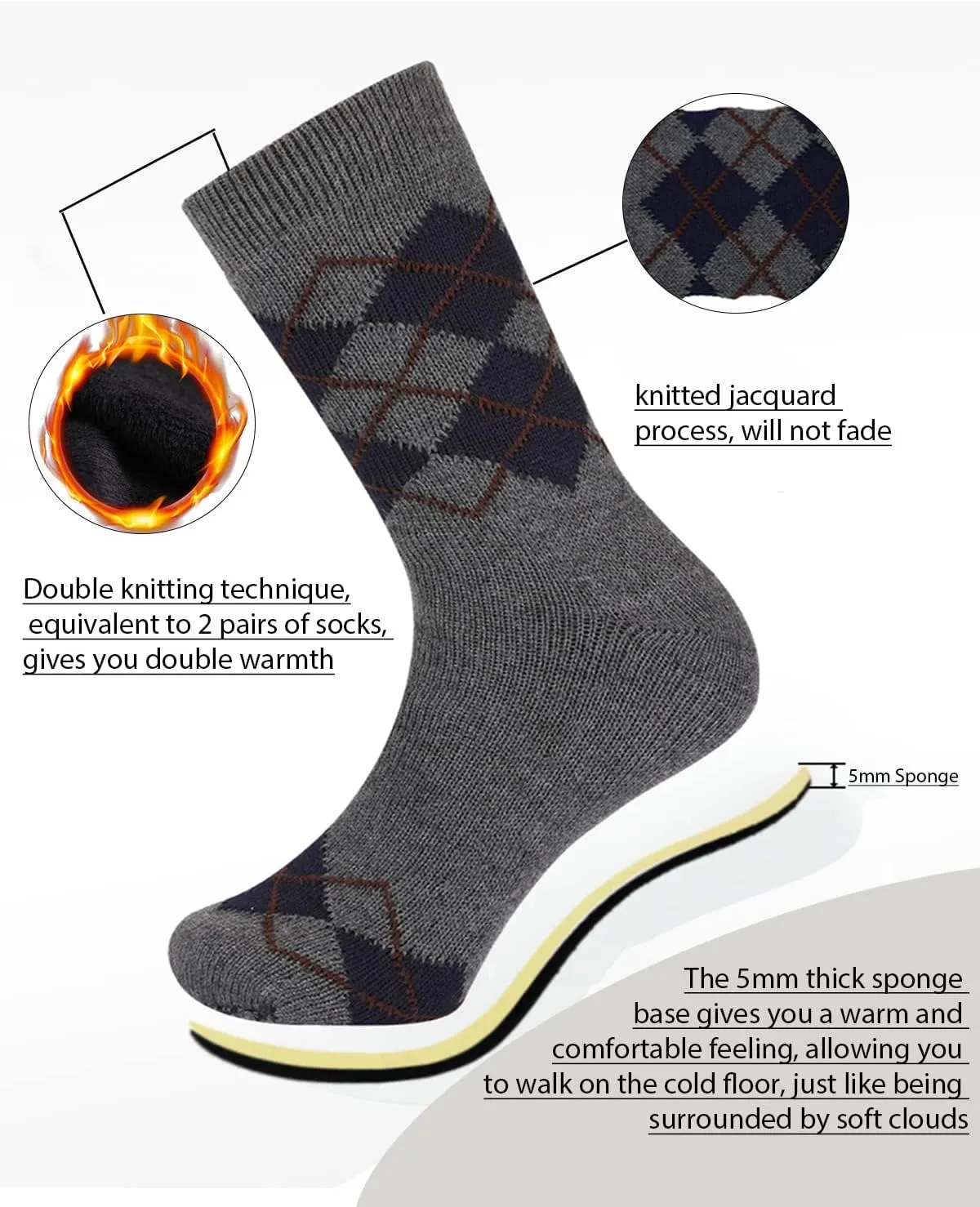 Vihir Men's Slipper Socks With Suede Non Slip Sole -Winter Knitted Home Warm Floor Indoor Stocking House