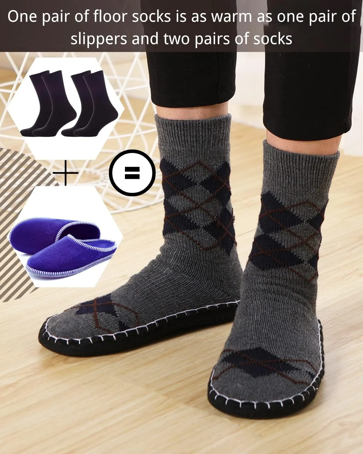 Vihir Men's Slipper Socks With Suede Non Slip Sole -Winter Knitted Home Warm Floor Indoor Stocking House