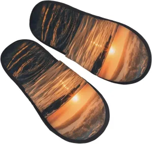 Water surface in the sunset Furry House Slippers for Women Men Soft Fuzzy Slippers Indoor Casual Plush House Shoes Large