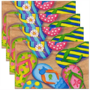 Watercolor Slipper Pattern 12x18 Inch Placemats for Dining Table,Hawaii Beach Summer Theme Waterproof Table Place Mat for Party Decoration,Lovely Fish Flower Stripes Washable Table Mats Set of 4