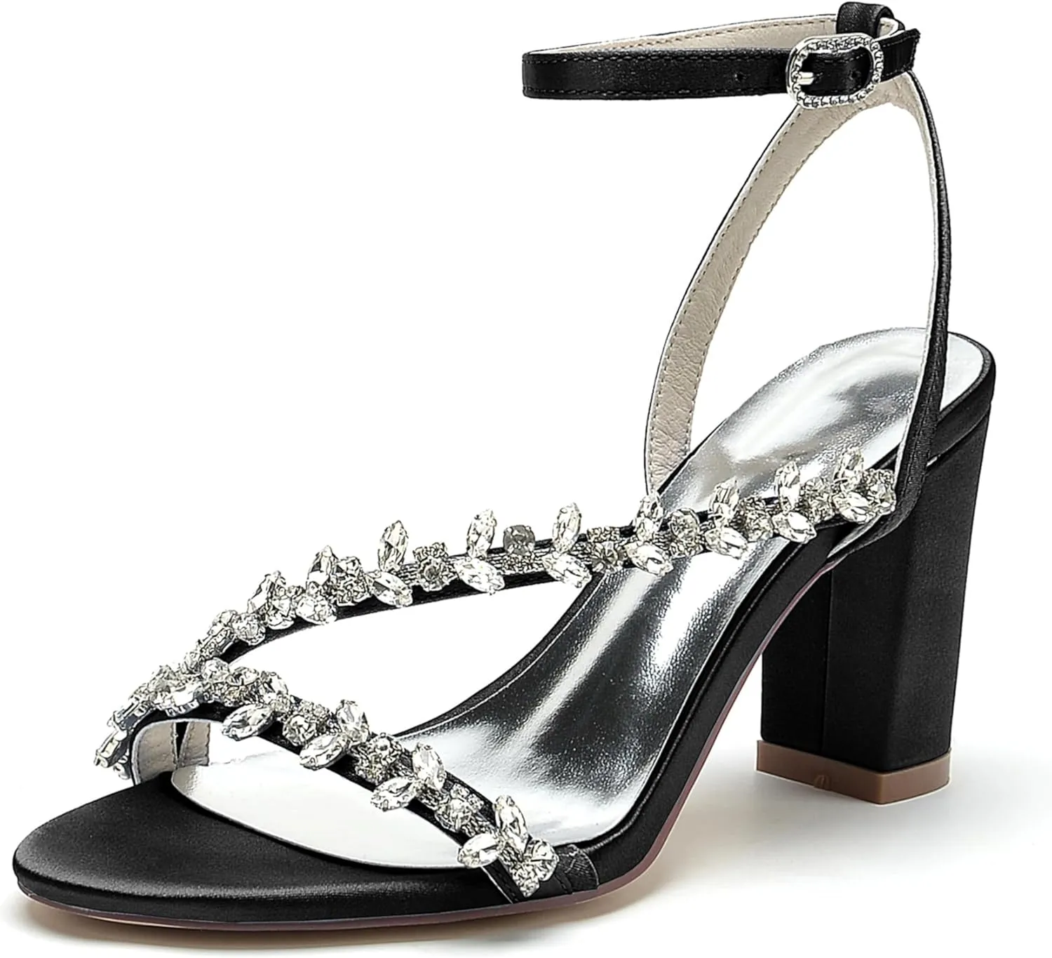 Wedding Bride Shoes Sandal Shoes Open Toe Block Heel Satin Rhinestones Women High Heels Formal Party Heeled Sandals 8.5Cm