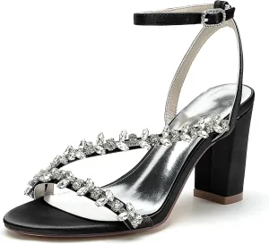 Wedding Bride Shoes Sandal Shoes Open Toe Block Heel Satin Rhinestones Women High Heels Formal Party Heeled Sandals 8.5Cm