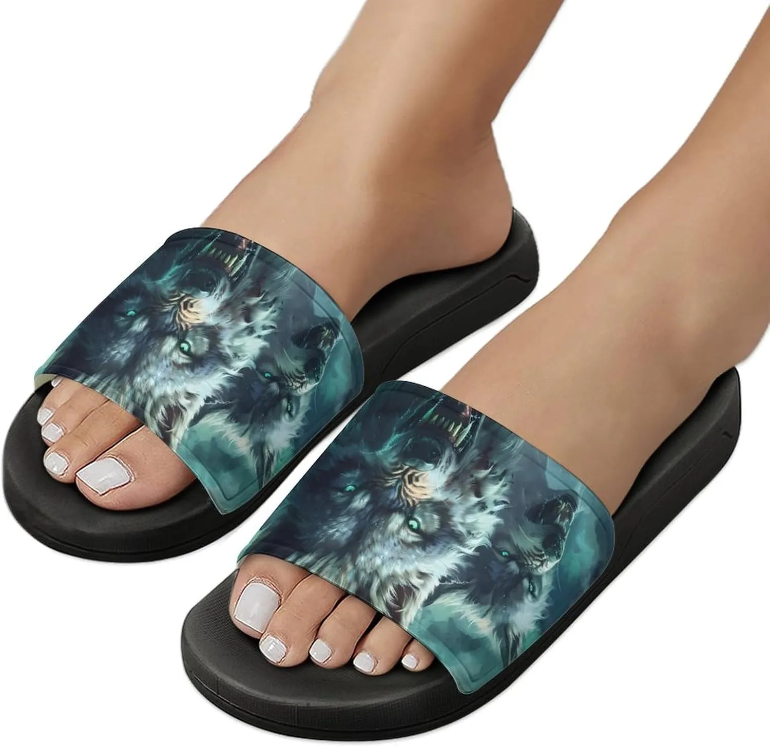 Wolf Slippers for Women Men Anti-Slip Shower Slides Open Toe Slippers for Home Outdoor Beach