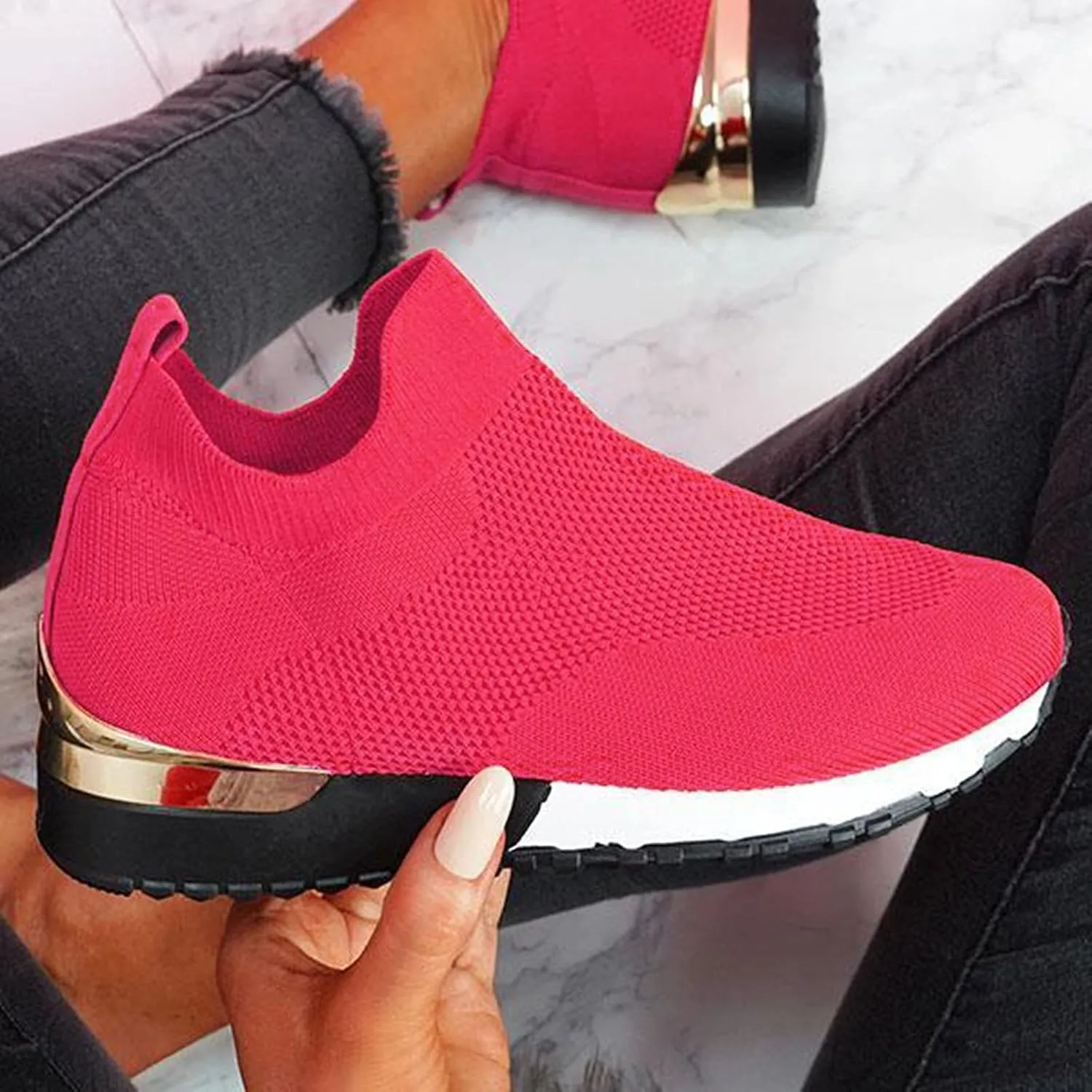 Women Elastic Slip On Sneakers Casual Walking Shoes Lightweight Canvas Comfortable Flats Non Slip Breathable Loafers