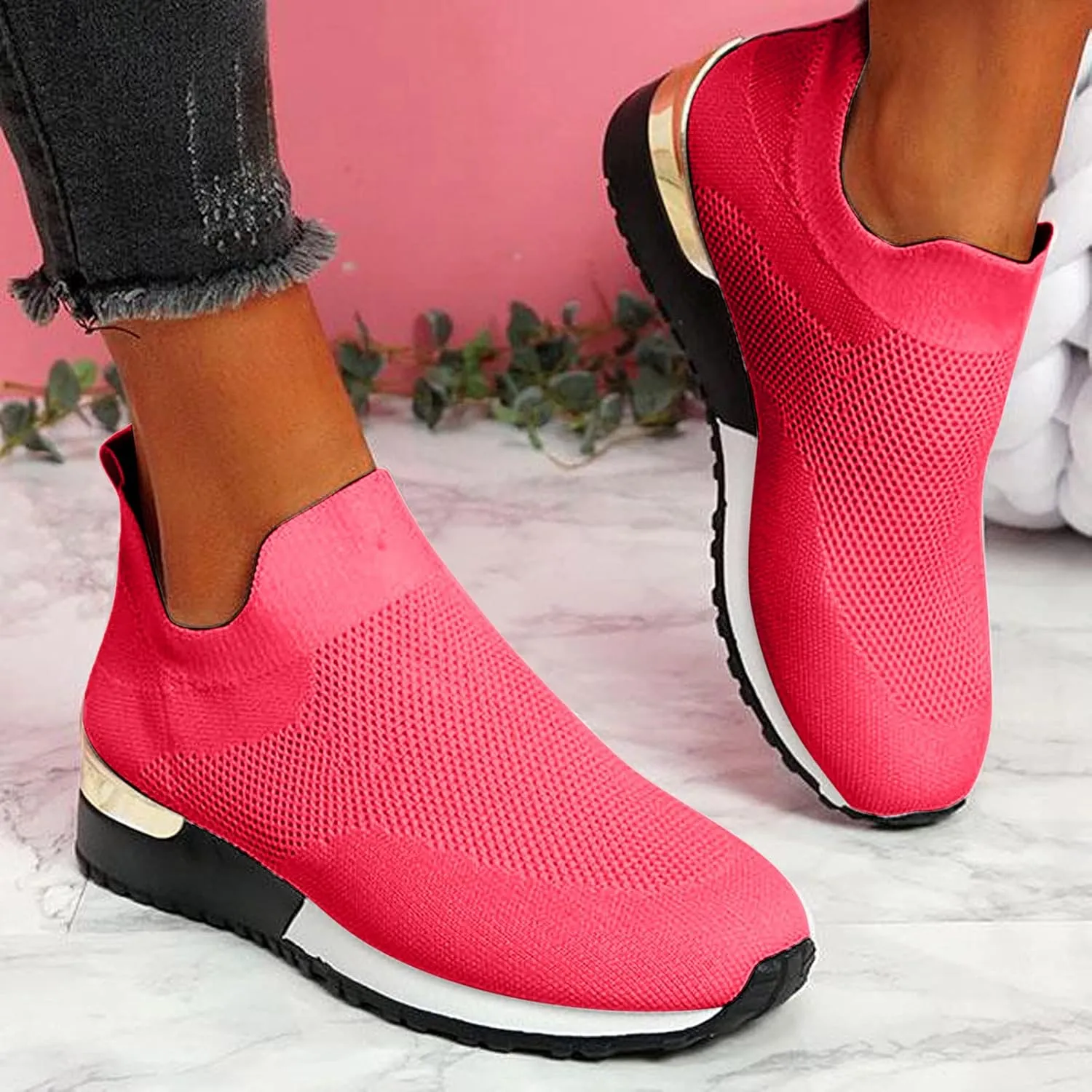 Women Elastic Slip On Sneakers Casual Walking Shoes Lightweight Canvas Comfortable Flats Non Slip Breathable Loafers