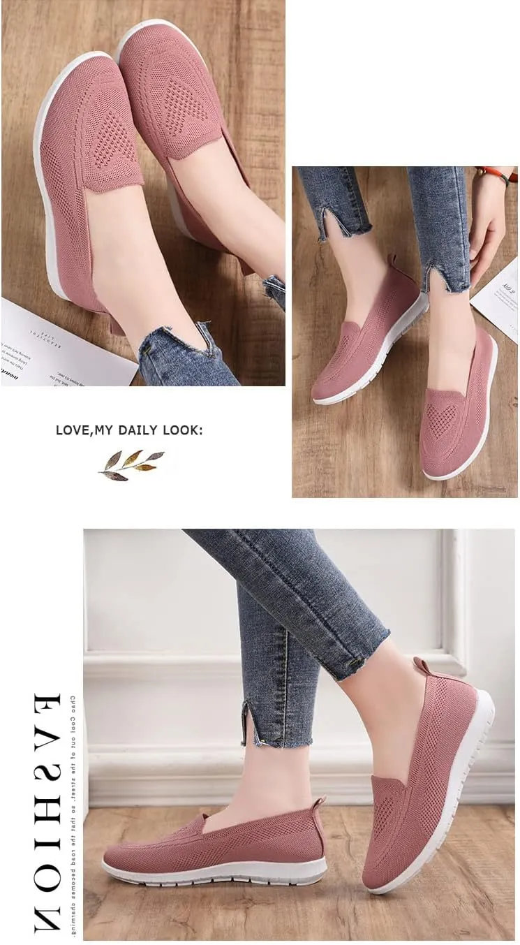 Women Knitted Mesh Slip-on Walking Shoes,Lightweight Arch Support Sneakers Flat Loafers Nurse Shoes