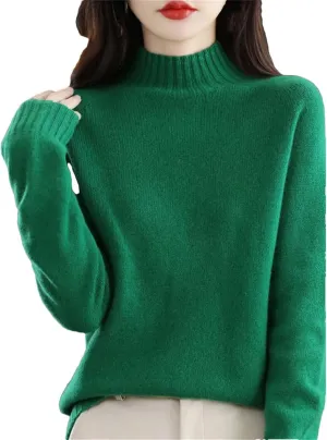 Women Long Sleeve Cashmere Knitted Sweaters Spring Autume 100% Merino Wool Mock-Neck Pullover Tops