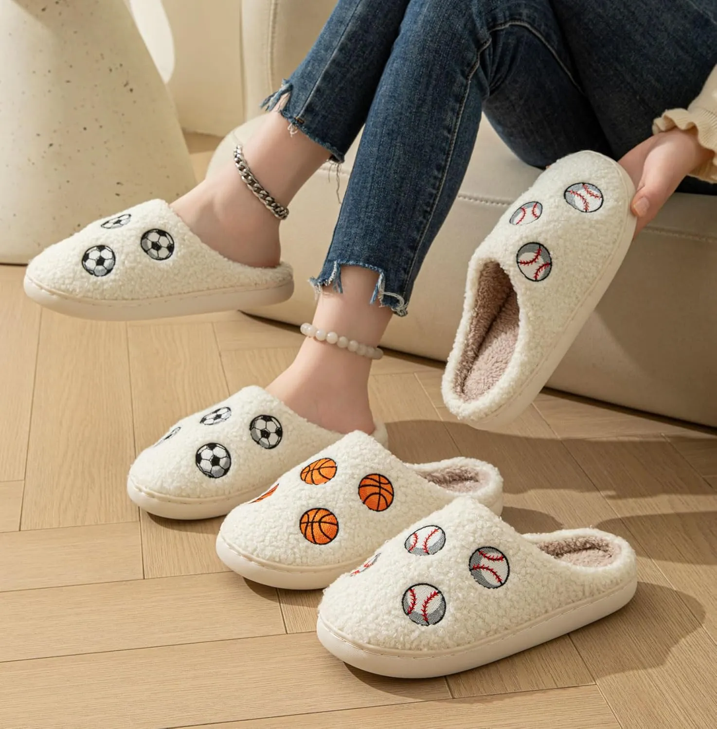 Women Men Basketball Slippers Fuzzy Closed Toe House Memory Foam Bedroom Slipper Couple Indoor Home Shoes