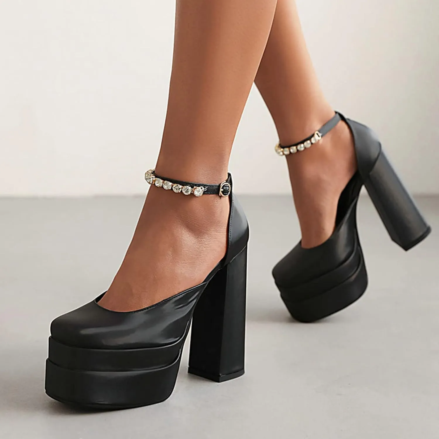Women Platform High Heel Sandal Pumps Crystal Ankle Strap Fashion Chunky Heeled Square Toe Dress Shoes