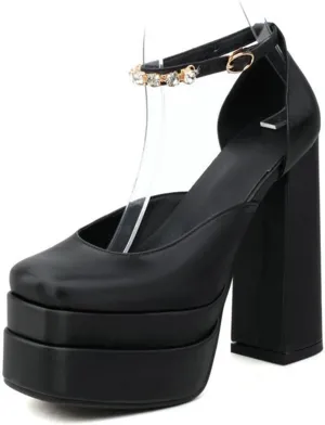 Women Platform High Heel Sandal Pumps Crystal Ankle Strap Fashion Chunky Heeled Square Toe Dress Shoes