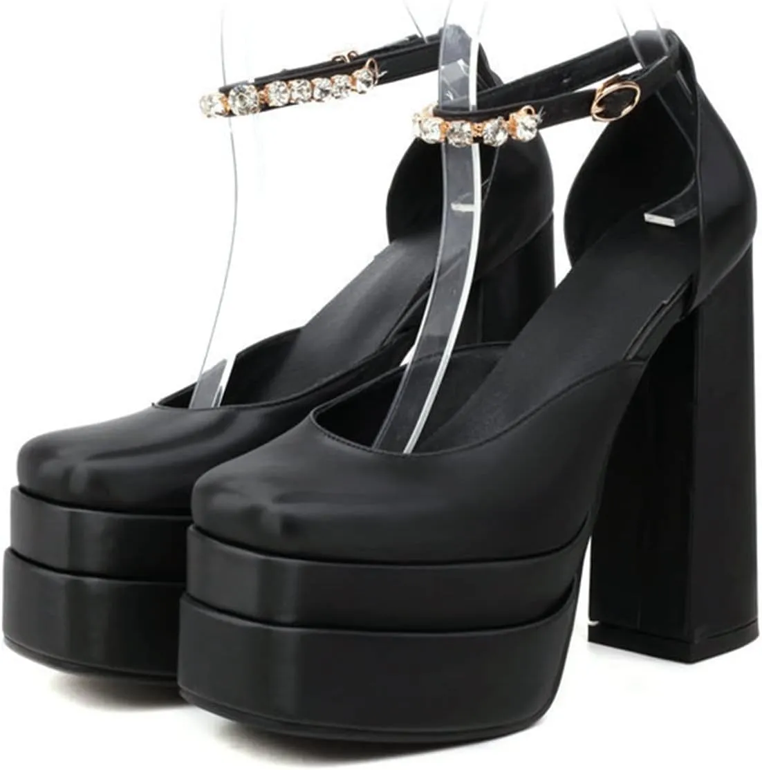Women Platform High Heel Sandal Pumps Crystal Ankle Strap Fashion Chunky Heeled Square Toe Dress Shoes