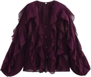Women Ruffle Edge Layered Decoration V-Neck Long Sleeved Shirt Solid Single Breasted Lightweight Top
