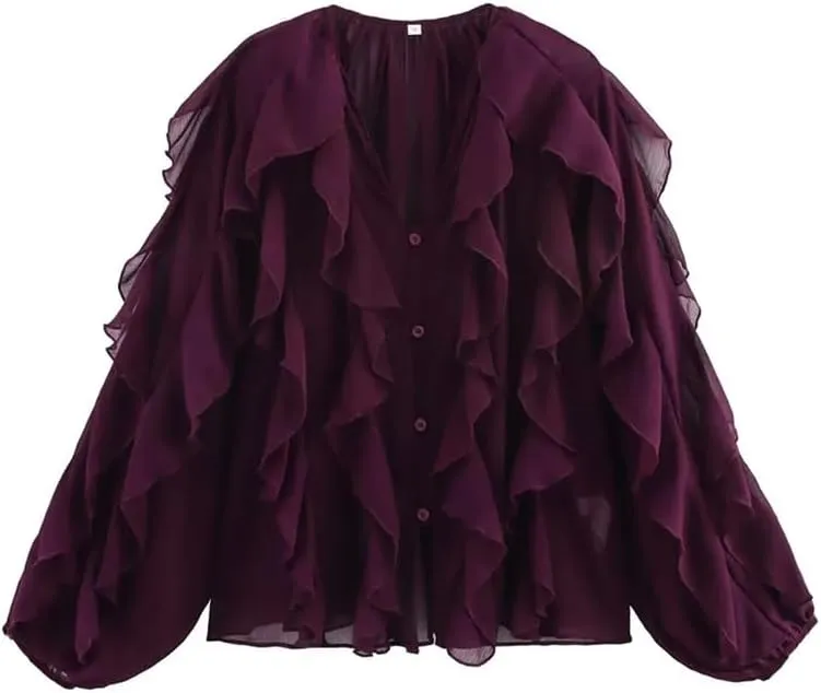 Women Ruffle Edge Layered Decoration V-Neck Long Sleeved Shirt Solid Single Breasted Lightweight Top