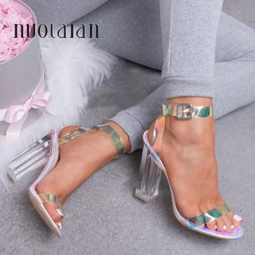 Women Simple Style PVC Clear Transparent Buckle Sandals