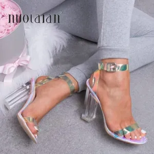 Women Simple Style PVC Clear Transparent Buckle Sandals