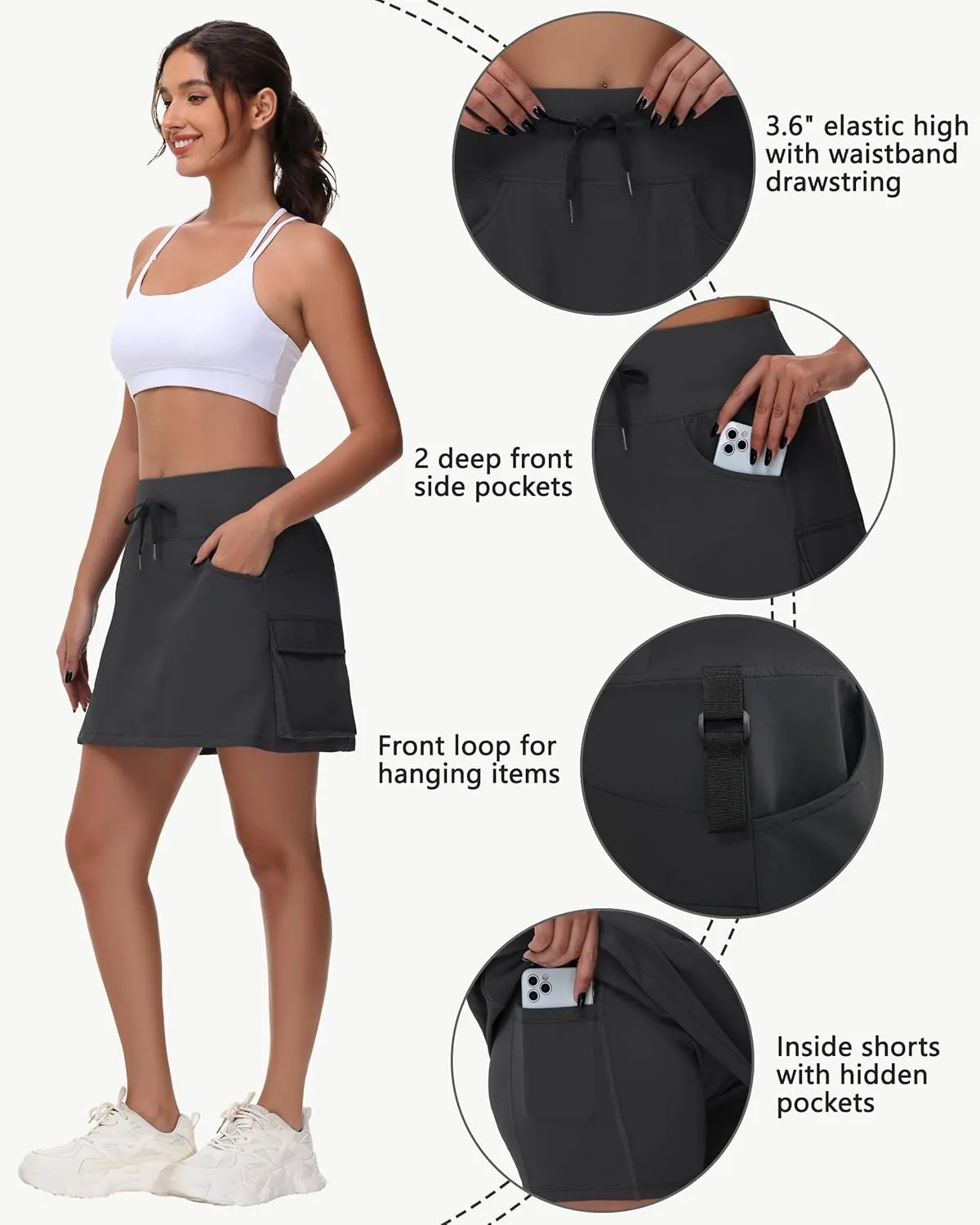 Women's 16" 20" Hiking Cargo Skort Skirt - High Waisted Golf Dressy Casual Workout Sport Skirt with Liner Quick Dry