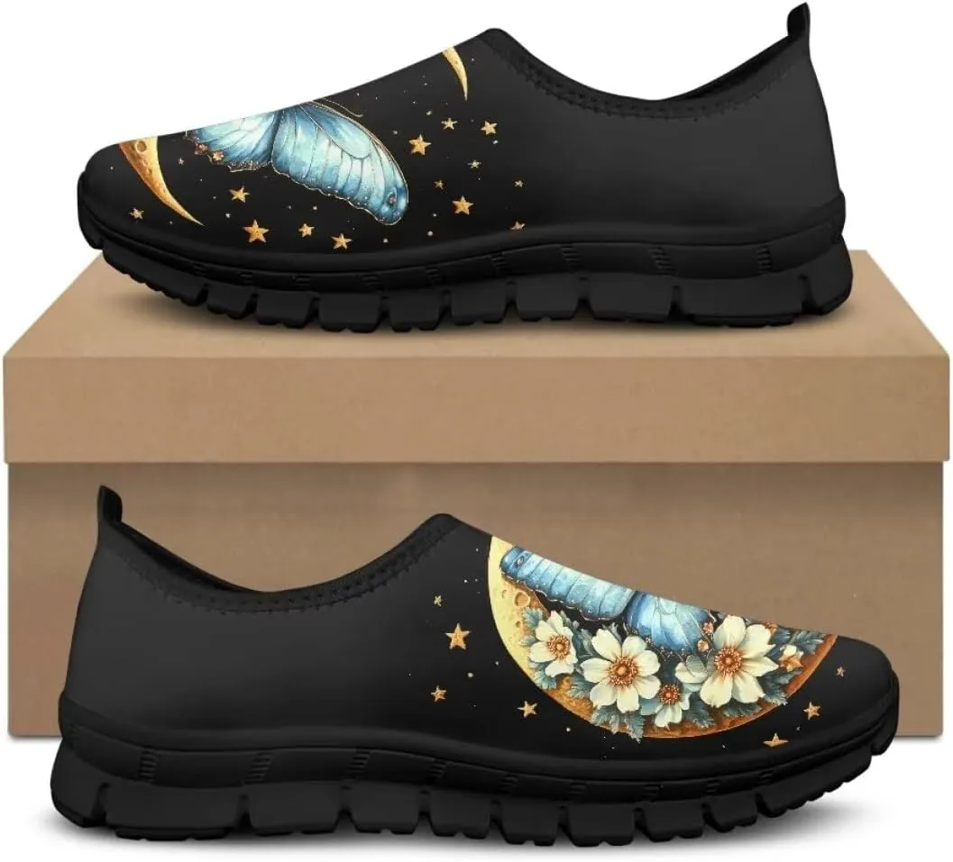 Womens Athletic Shoes Flowers Print Sports Shoes Slip-on Air Mesh Lightweight Sneakers Running Flats