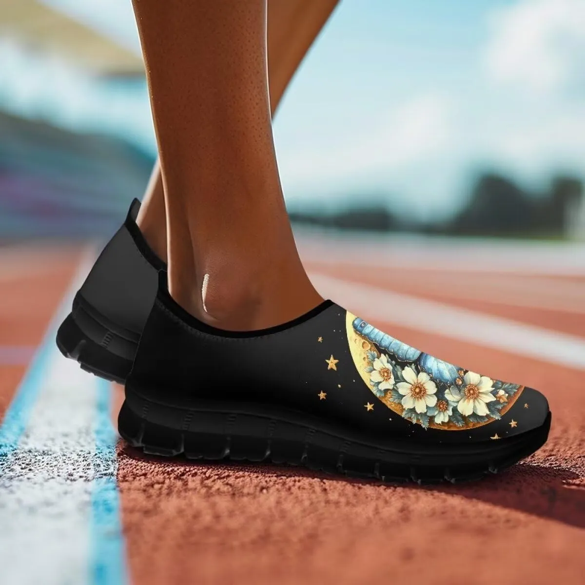 Womens Athletic Shoes Flowers Print Sports Shoes Slip-on Air Mesh Lightweight Sneakers Running Flats