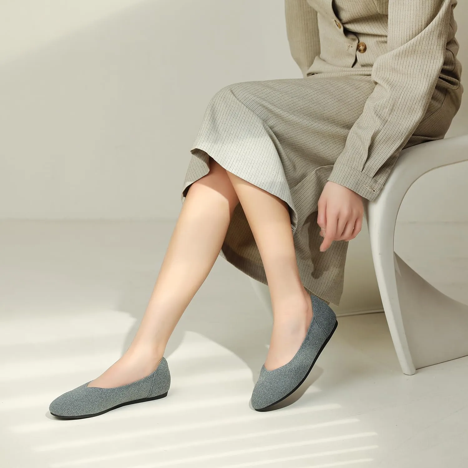 Women's Ballet Flat Knit Round Toe Slip On Walking Comfort Flexible Soft Shoes for Woman Low Wedge