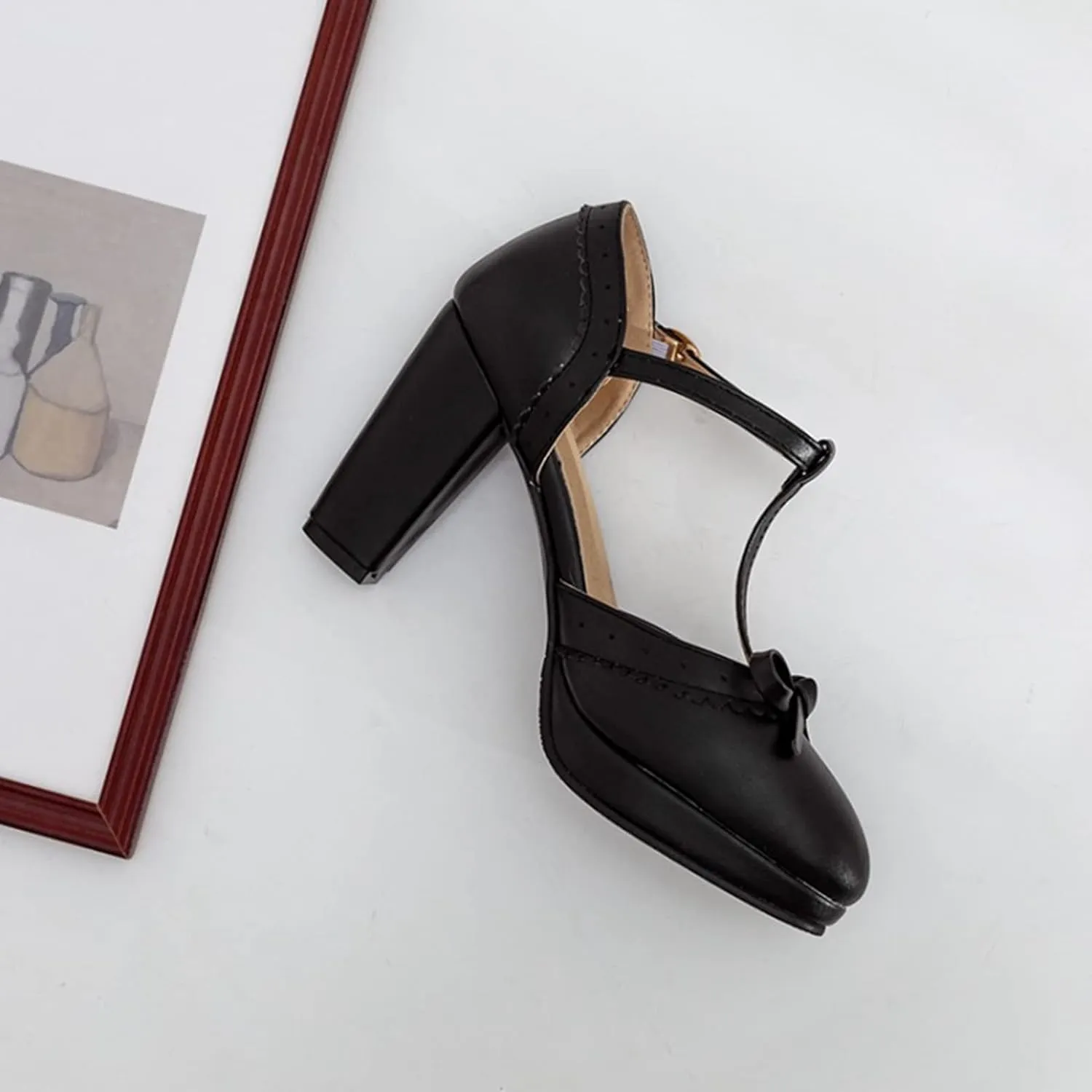 Women's Bow Platform Sandal Pumps Chunky High Heels Round Toe Ankle T-Strap Oxfords Dress Shoes