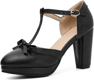 Women's Bow Platform Sandal Pumps Chunky High Heels Round Toe Ankle T-Strap Oxfords Dress Shoes