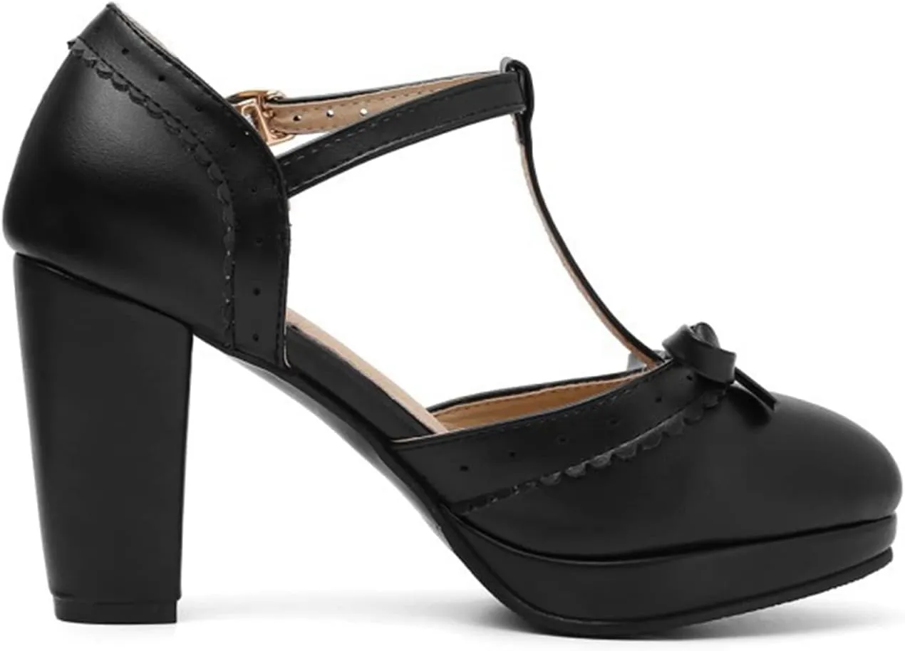Women's Bow Platform Sandal Pumps Chunky High Heels Round Toe Ankle T-Strap Oxfords Dress Shoes