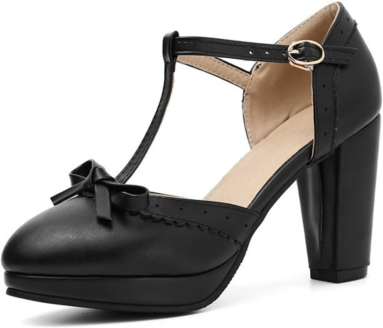 Women's Bow Platform Sandal Pumps Chunky High Heels Round Toe Ankle T-Strap Oxfords Dress Shoes