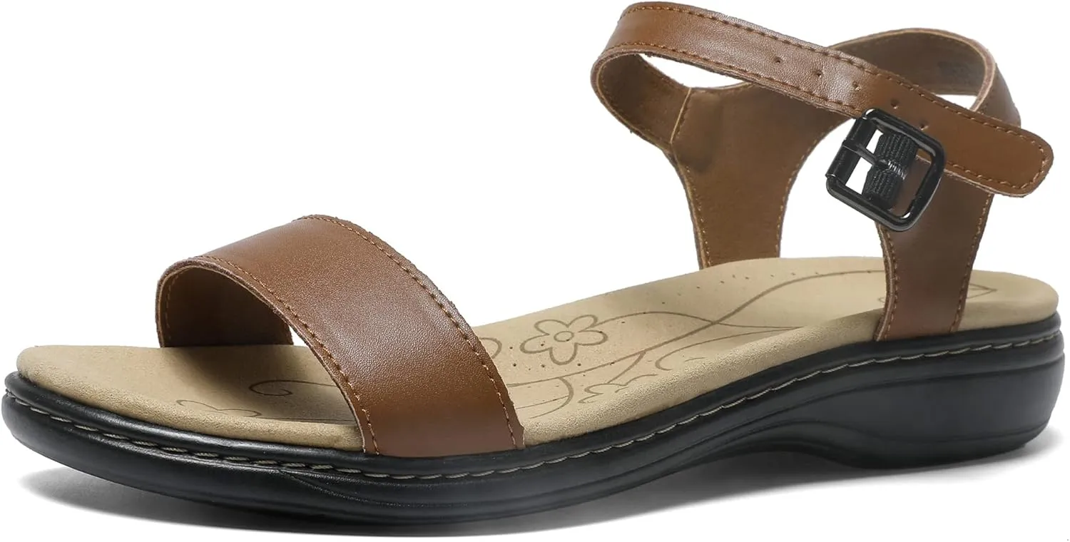 Women's Classic Flat Sandals Leather Open Toes Memory Foam One Band Ankle Strap Adjustable Slip On Shoes