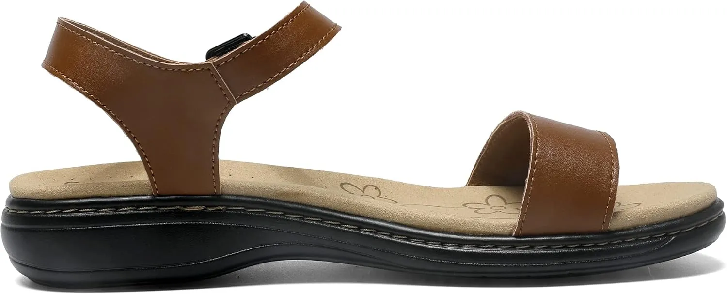 Women's Classic Flat Sandals Leather Open Toes Memory Foam One Band Ankle Strap Adjustable Slip On Shoes