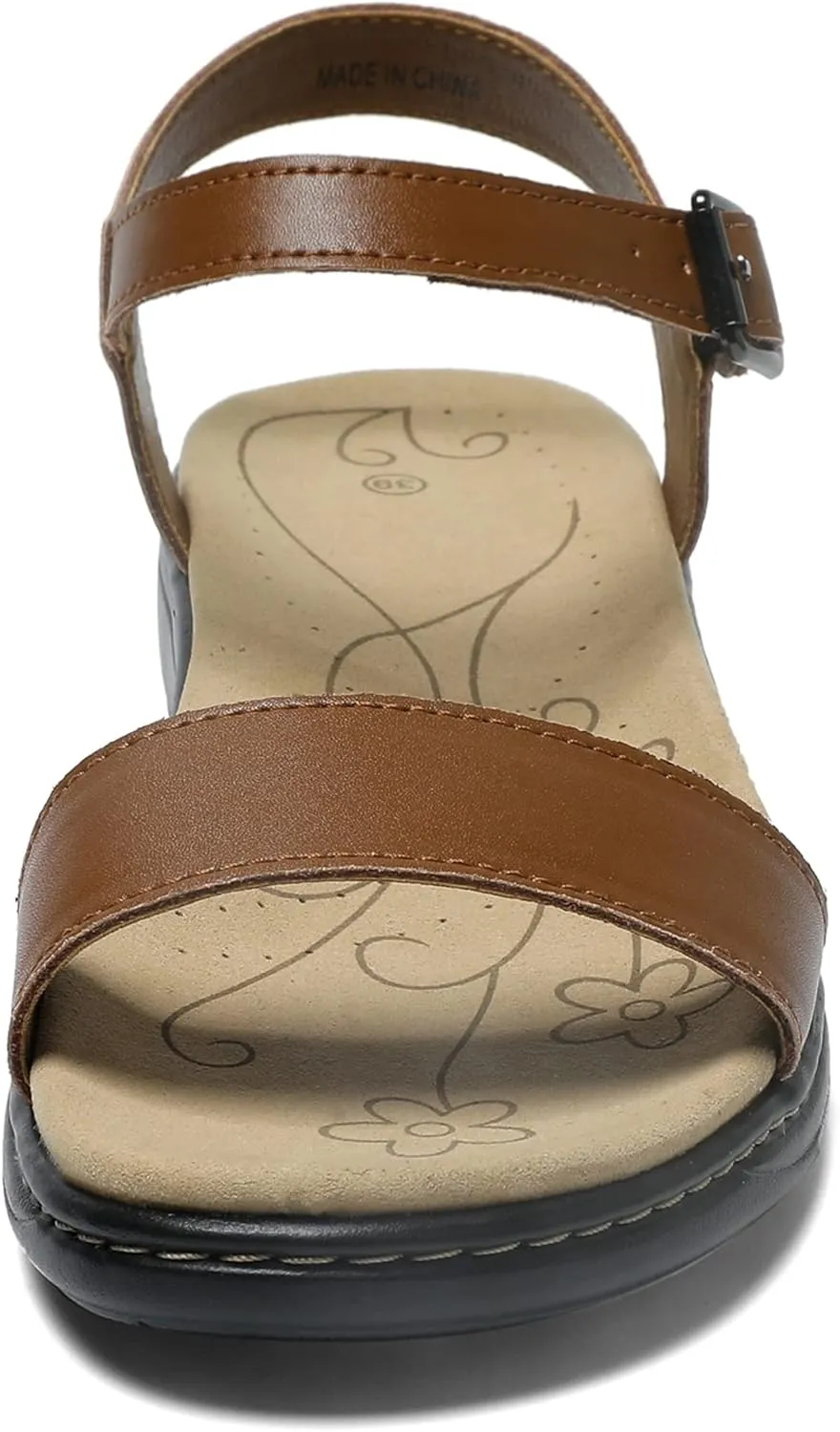 Women's Classic Flat Sandals Leather Open Toes Memory Foam One Band Ankle Strap Adjustable Slip On Shoes
