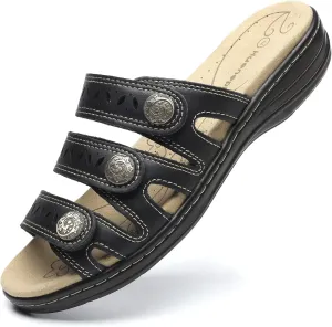 Women's Comfort Leather Slides Lightweight Flat Sandals Cute Slip On Casual Walking Slippers