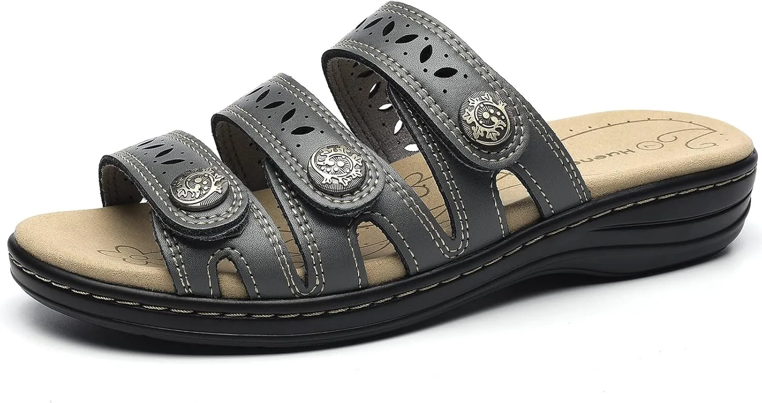 Women's Comfort Leather Slides Lightweight Flat Sandals Cute Slip On Casual Walking Slippers